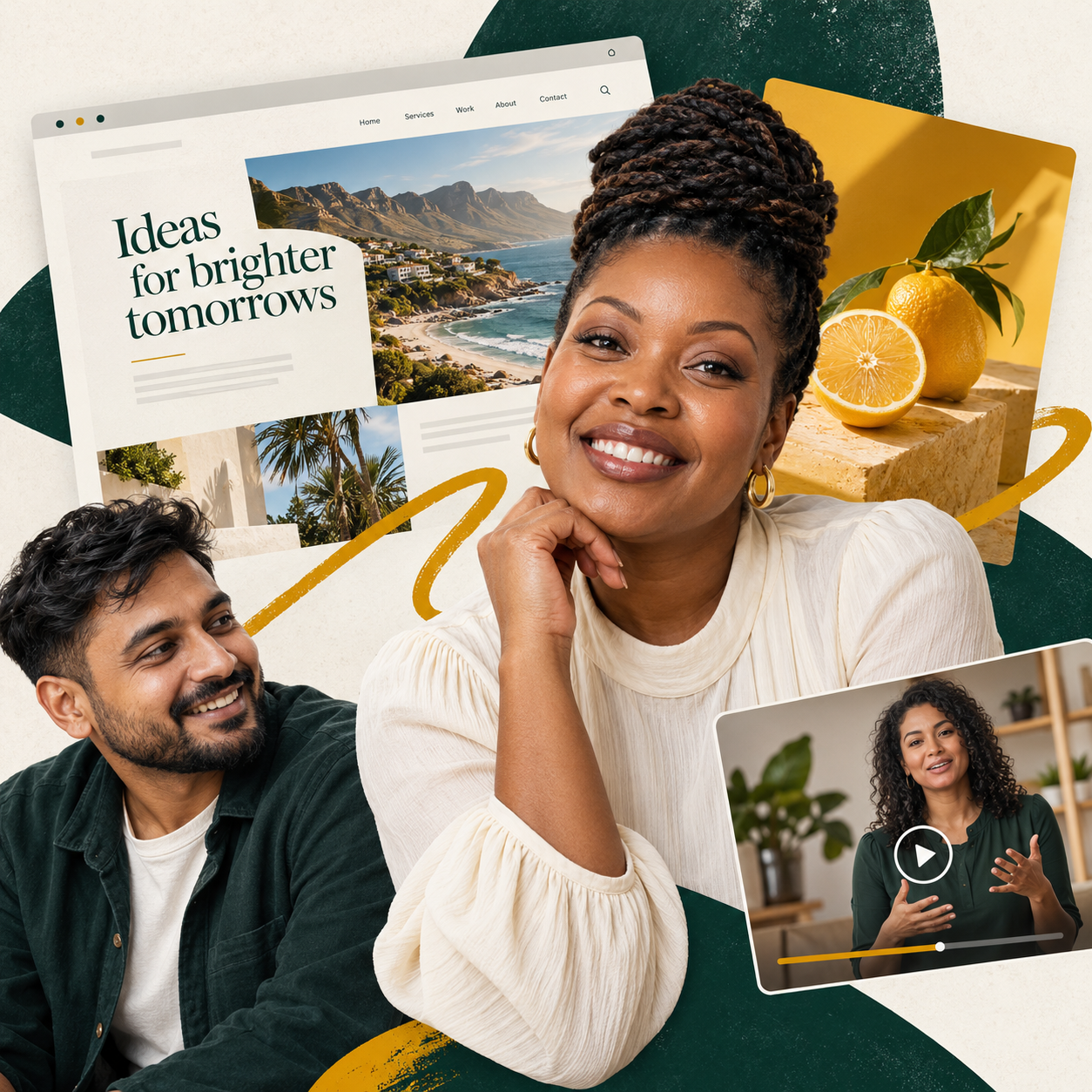 Editorial collage combining South African entrepreneur portraits with website design, campaign creative and an education-product preview
