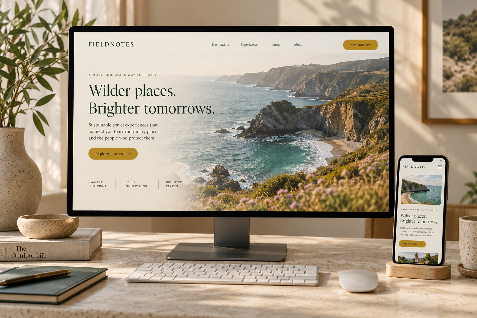 Website design concept for the fictional Fieldnotes travel brand